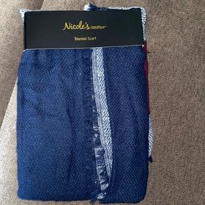 Nicole’s Boutique blanket scarf. Red white and blue throughout 100% acrylic.
